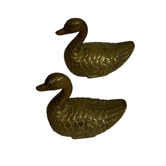Vintage Brass Duck Mallard Paperweight Figurine Hollow Set Of 2 MCM Home Decor - Picture 1 of 6